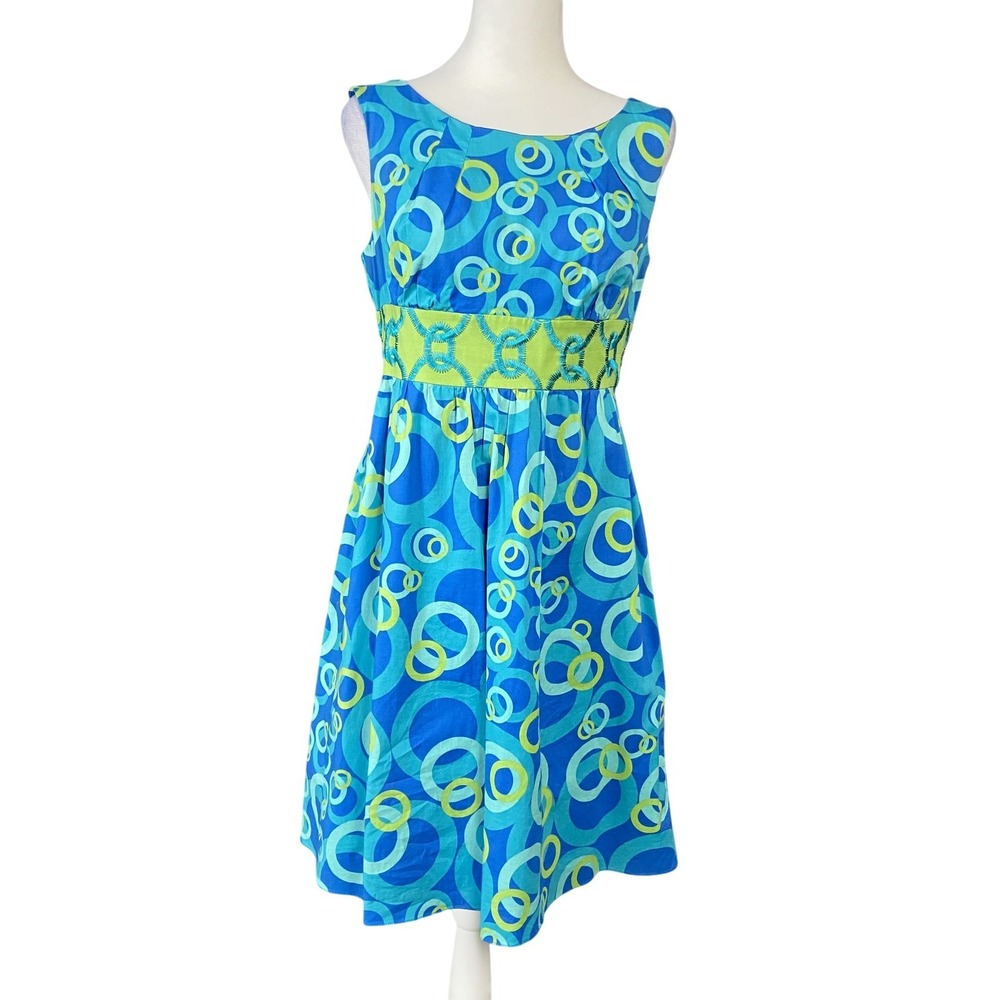 Adrianna Papell Dress Womens 8 Blue Geometric Circle Fit Flare Sleeveless Retro